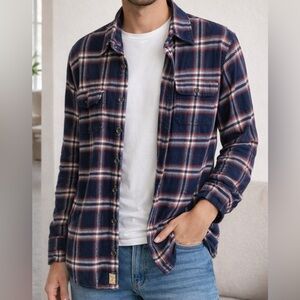 JACHS Navy Red Plaid Flannel Button Up Shirt Casual Layering Shirt Men’s Large